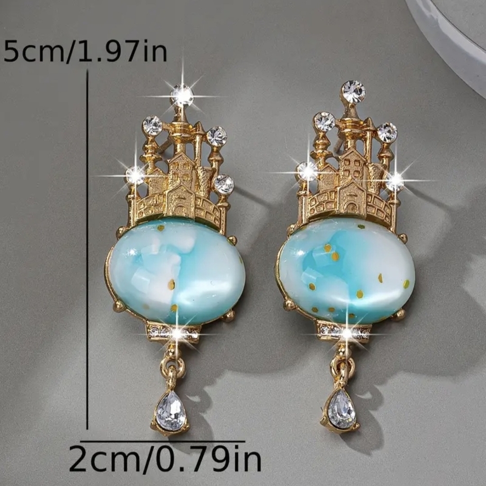 Gold and Blue Enchanted Castle Earrings - Picture 4 of 4